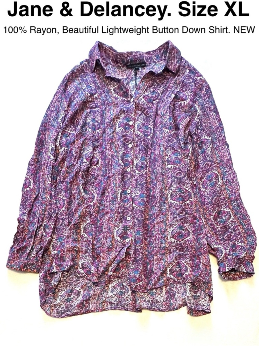 Gorgeous Purple Abstract Print Button-Down Blouse Shirt Top Tunic